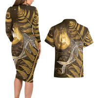 New Zealand Matariki Couples Matching Long Sleeve Bodycon Dress and Hawaiian Shirt Maori Koru With Humpback Whale Gold