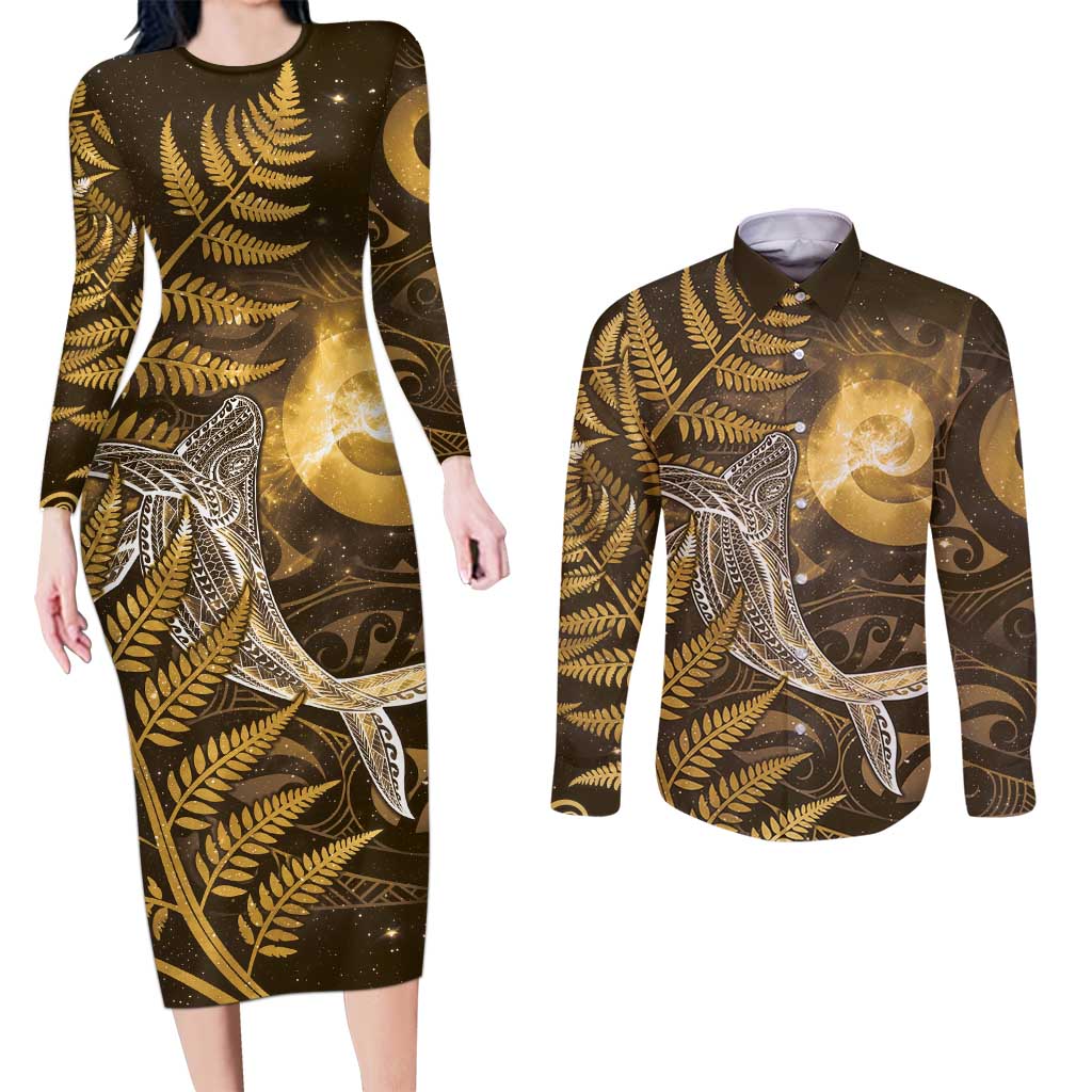 New Zealand Matariki Couples Matching Long Sleeve Bodycon Dress and Long Sleeve Button Shirt Maori Koru With Humpback Whale Gold