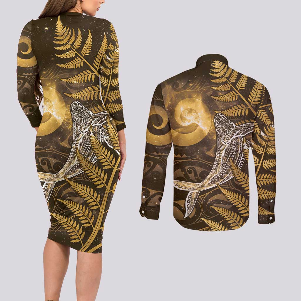 New Zealand Matariki Couples Matching Long Sleeve Bodycon Dress and Long Sleeve Button Shirt Maori Koru With Humpback Whale Gold
