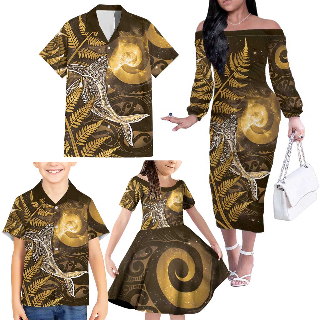 New Zealand Matariki Family Matching Off The Shoulder Long Sleeve Dress and Hawaiian Shirt Maori Koru With Humpback Whale Gold LT05 - Polynesian Pride