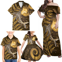 New Zealand Matariki Family Matching Off Shoulder Maxi Dress and Hawaiian Shirt Maori Koru With Humpback Whale Gold