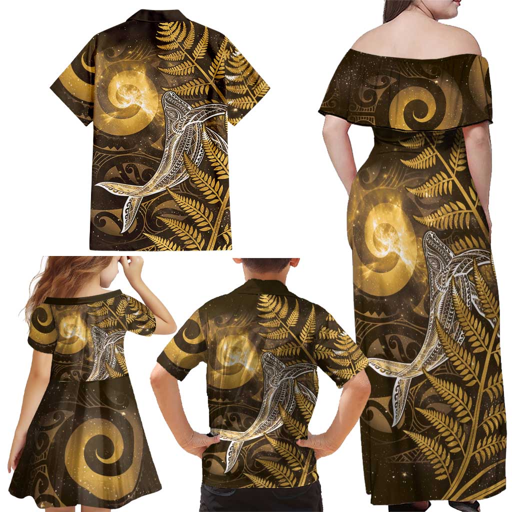 New Zealand Matariki Family Matching Off Shoulder Maxi Dress and Hawaiian Shirt Maori Koru With Humpback Whale Gold