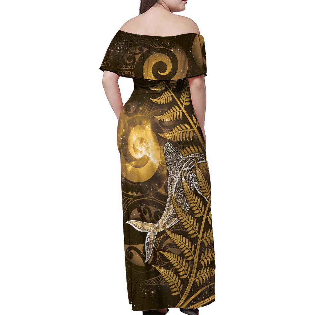 New Zealand Matariki Family Matching Off Shoulder Maxi Dress and Hawaiian Shirt Maori Koru With Humpback Whale Gold