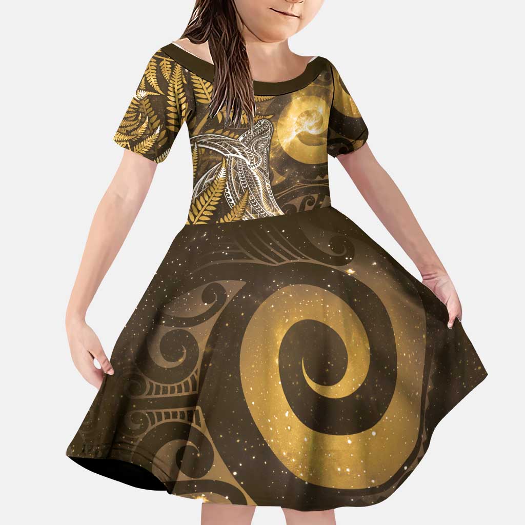 New Zealand Matariki Family Matching Short Sleeve Bodycon Dress and Hawaiian Shirt Maori Koru With Humpback Whale Gold