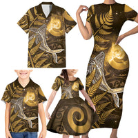 New Zealand Matariki Family Matching Short Sleeve Bodycon Dress and Hawaiian Shirt Maori Koru With Humpback Whale Gold