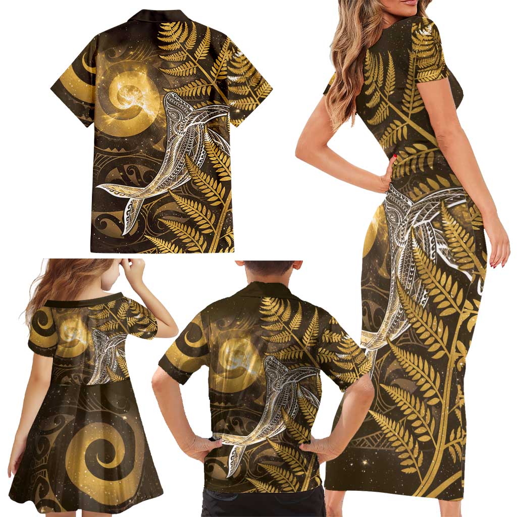 New Zealand Matariki Family Matching Short Sleeve Bodycon Dress and Hawaiian Shirt Maori Koru With Humpback Whale Gold