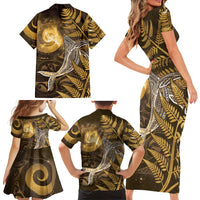 New Zealand Matariki Family Matching Short Sleeve Bodycon Dress and Hawaiian Shirt Maori Koru With Humpback Whale Gold