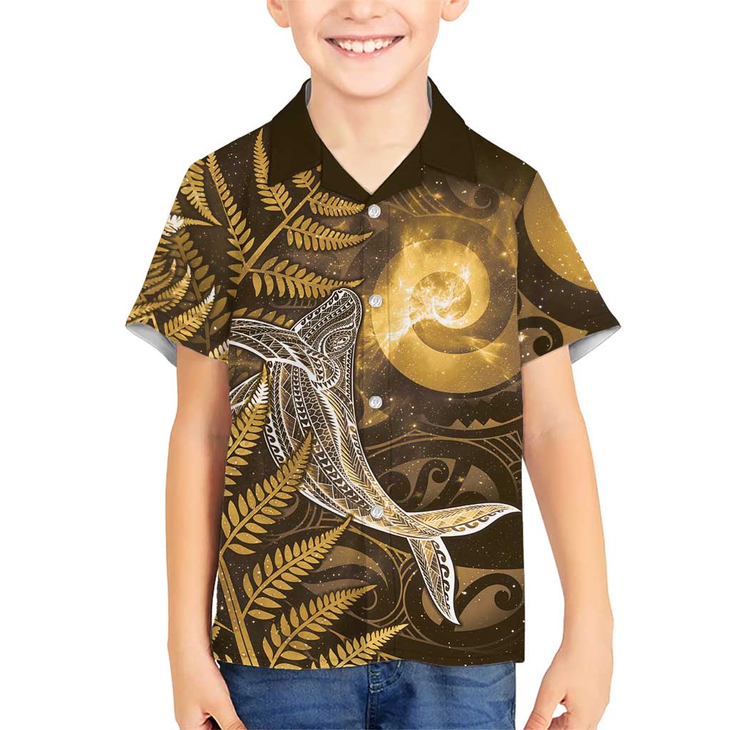 New Zealand Matariki Family Matching Short Sleeve Bodycon Dress and Hawaiian Shirt Maori Koru With Humpback Whale Gold