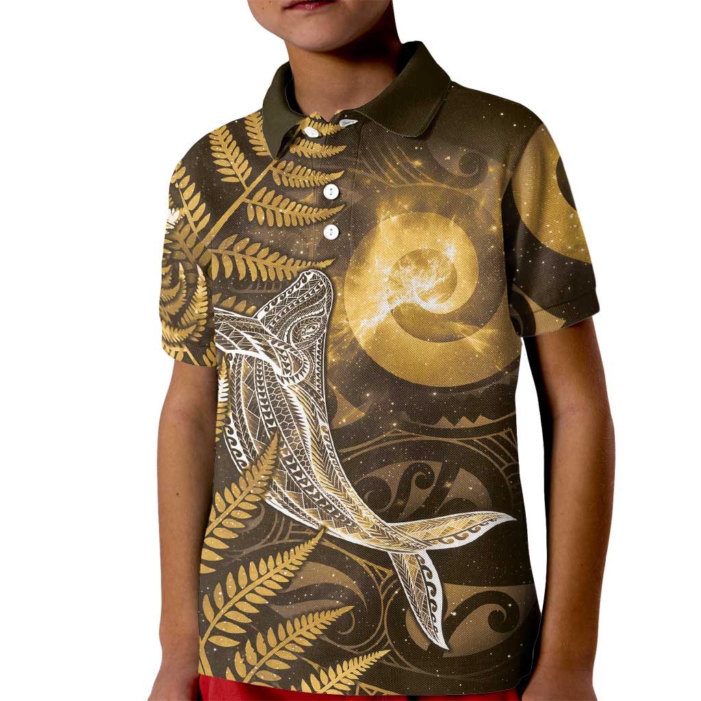 New Zealand Matariki Kid Polo Shirt Maori Koru With Humpback Whale Gold