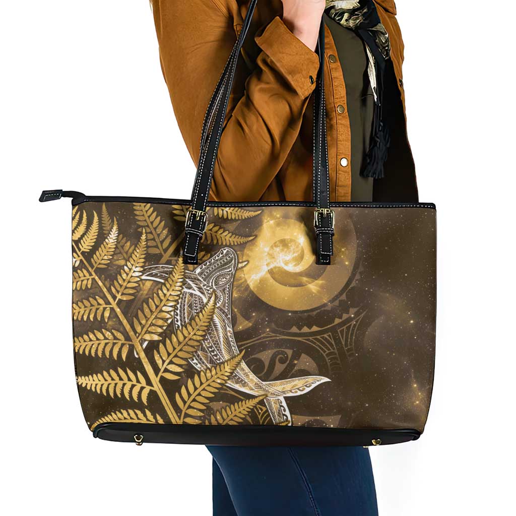 New Zealand Matariki Leather Tote Bag Maori Koru With Humpback Whale Gold LT05 - Polynesian Pride
