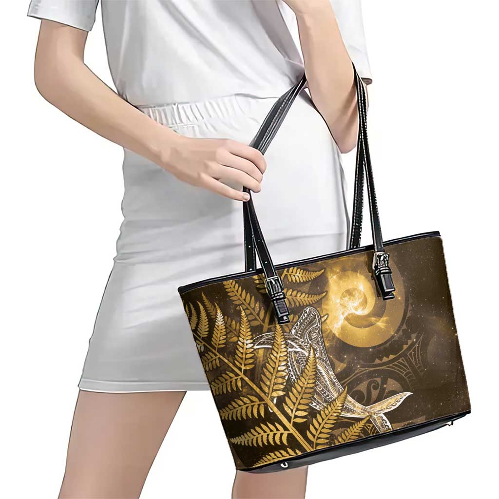 New Zealand Matariki Leather Tote Bag Maori Koru With Humpback Whale Gold LT05 - Polynesian Pride