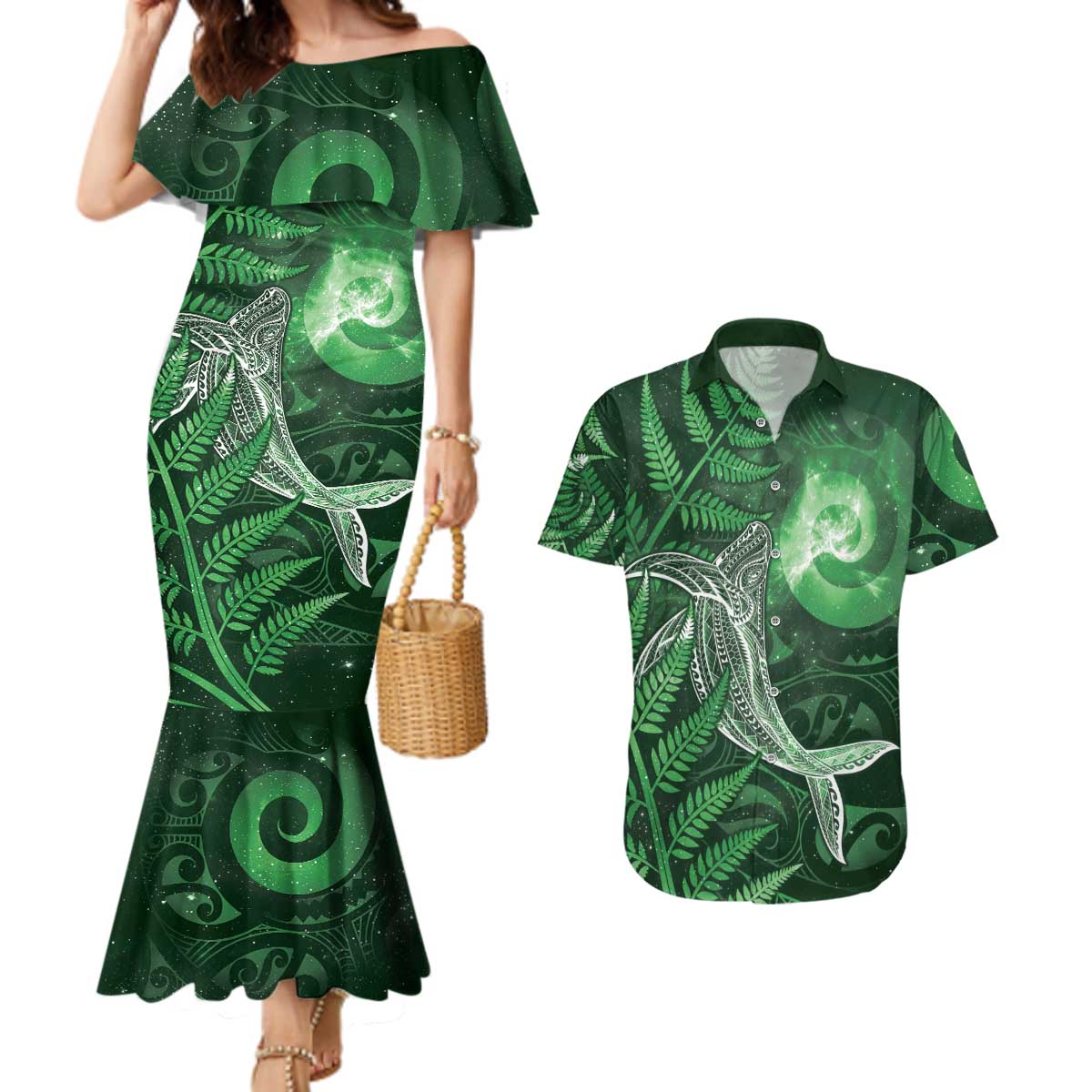 New Zealand Matariki Couples Matching Mermaid Dress and Hawaiian Shirt Maori Koru With Humpback Whale Green