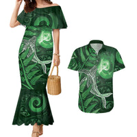 New Zealand Matariki Couples Matching Mermaid Dress and Hawaiian Shirt Maori Koru With Humpback Whale Green