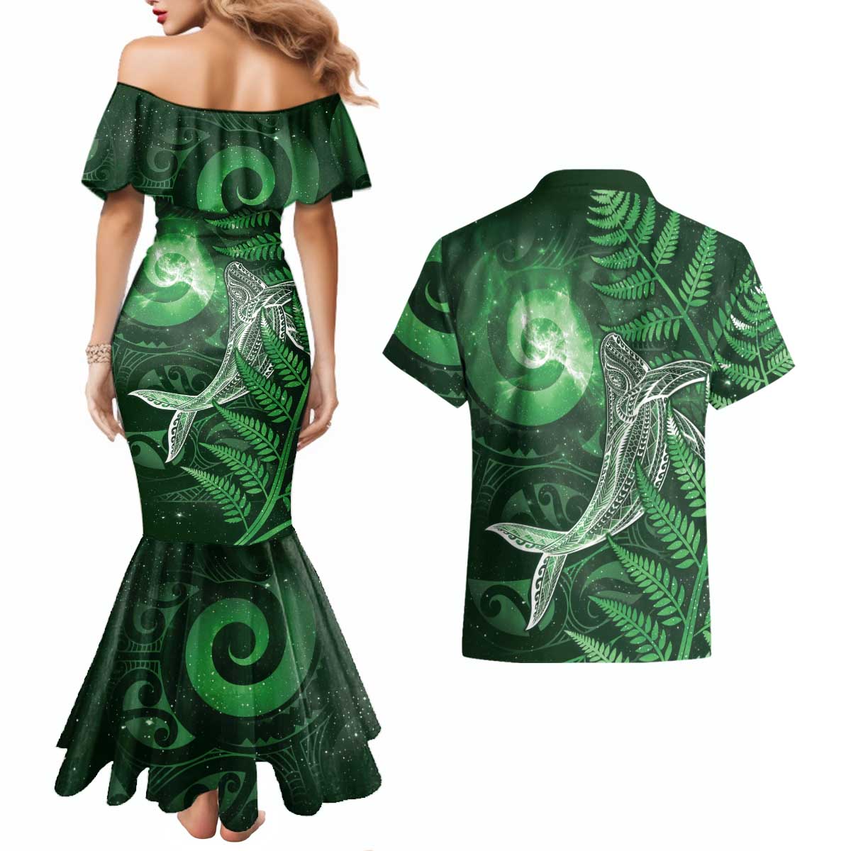New Zealand Matariki Couples Matching Mermaid Dress and Hawaiian Shirt Maori Koru With Humpback Whale Green