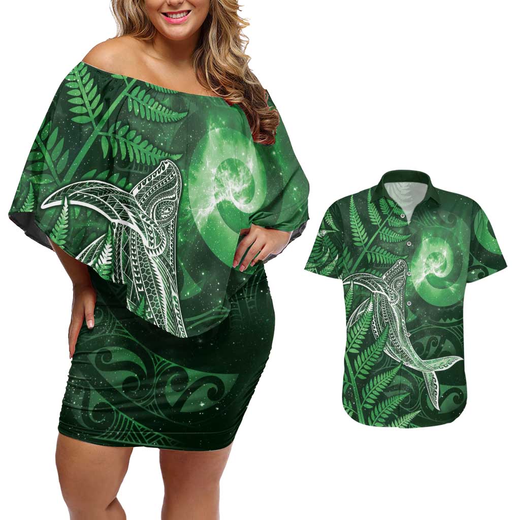 New Zealand Matariki Couples Matching Off Shoulder Short Dress and Hawaiian Shirt Maori Koru With Humpback Whale Green