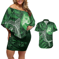 New Zealand Matariki Couples Matching Off Shoulder Short Dress and Hawaiian Shirt Maori Koru With Humpback Whale Green