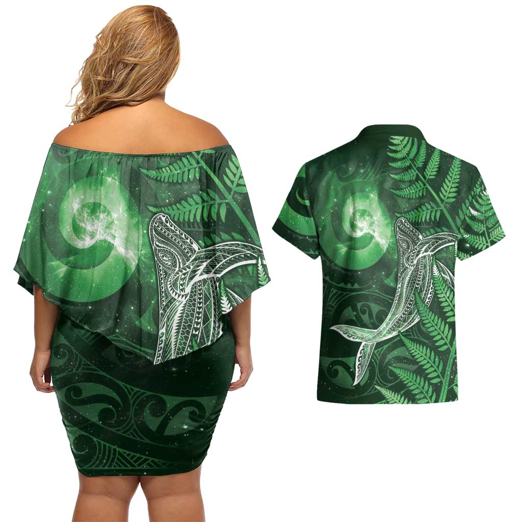 New Zealand Matariki Couples Matching Off Shoulder Short Dress and Hawaiian Shirt Maori Koru With Humpback Whale Green