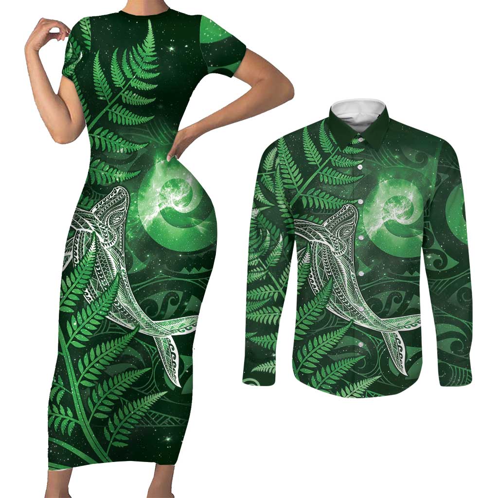 New Zealand Matariki Couples Matching Short Sleeve Bodycon Dress and Long Sleeve Button Shirt Maori Koru With Humpback Whale Green