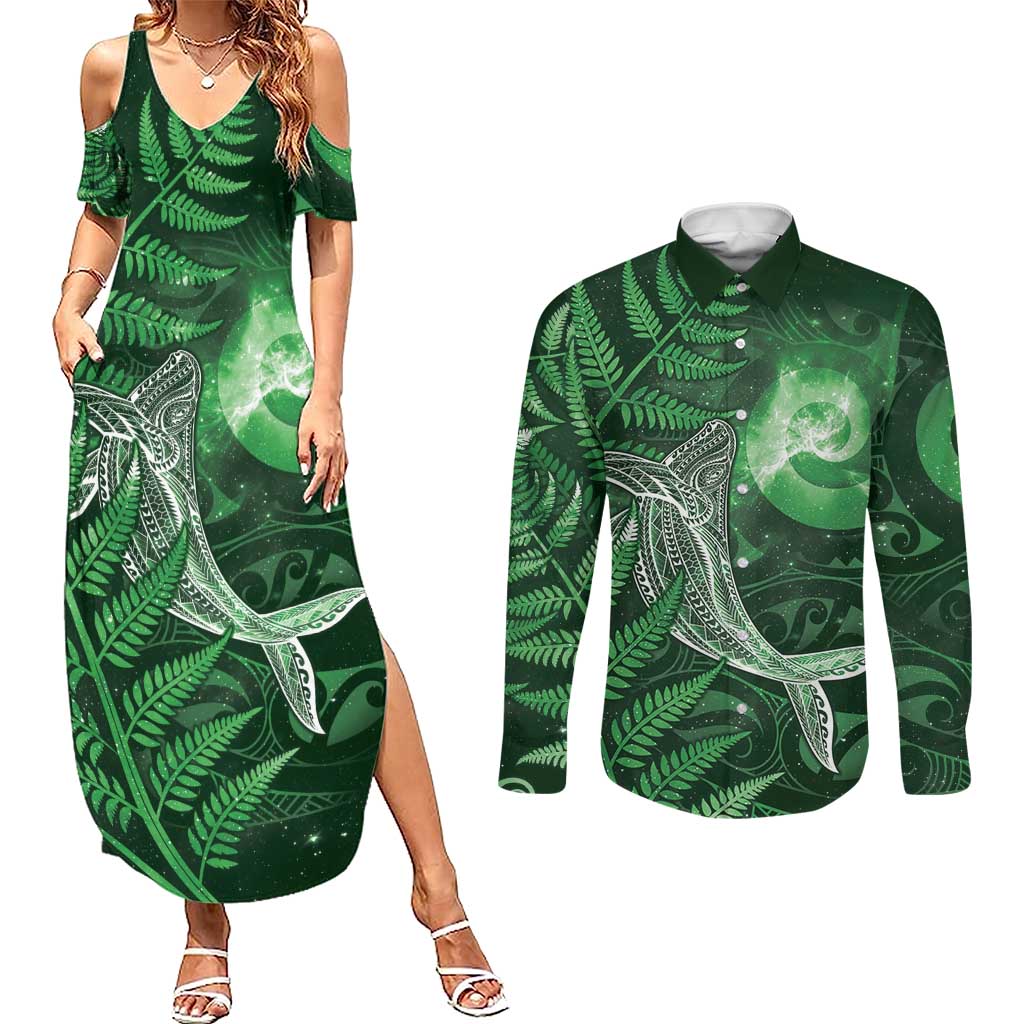New Zealand Matariki Couples Matching Summer Maxi Dress and Long Sleeve Button Shirt Maori Koru With Humpback Whale Green