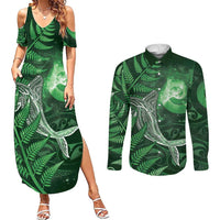 New Zealand Matariki Couples Matching Summer Maxi Dress and Long Sleeve Button Shirt Maori Koru With Humpback Whale Green