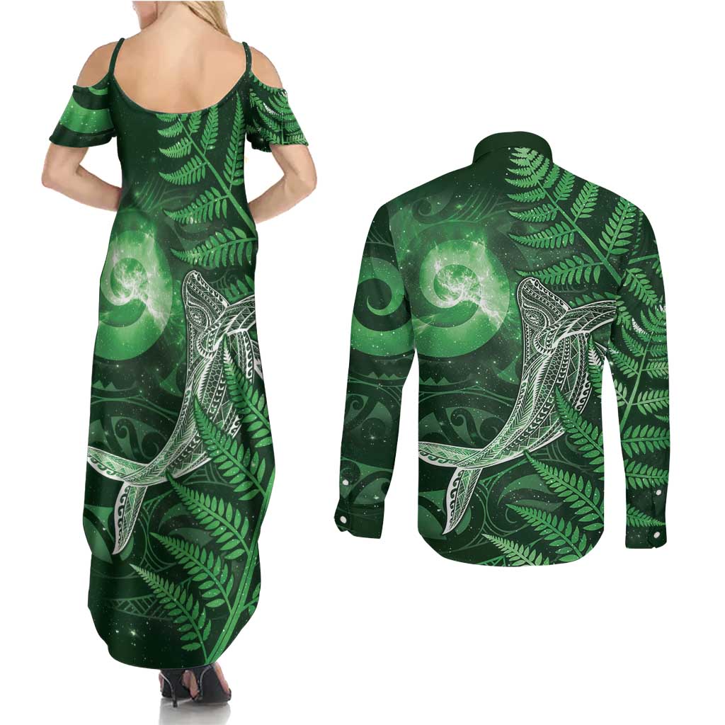 New Zealand Matariki Couples Matching Summer Maxi Dress and Long Sleeve Button Shirt Maori Koru With Humpback Whale Green