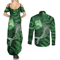 New Zealand Matariki Couples Matching Summer Maxi Dress and Long Sleeve Button Shirt Maori Koru With Humpback Whale Green
