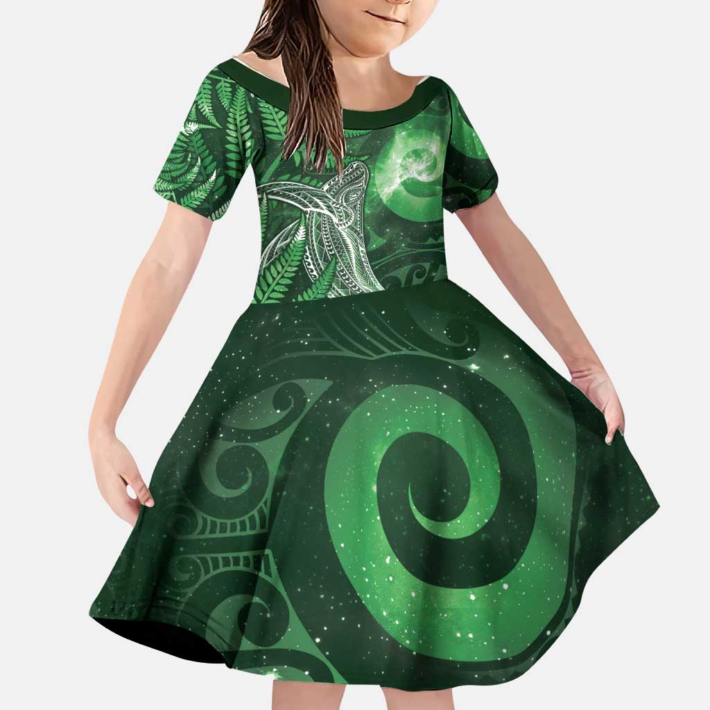 New Zealand Matariki Family Matching Long Sleeve Bodycon Dress and Hawaiian Shirt Maori Koru With Humpback Whale Green