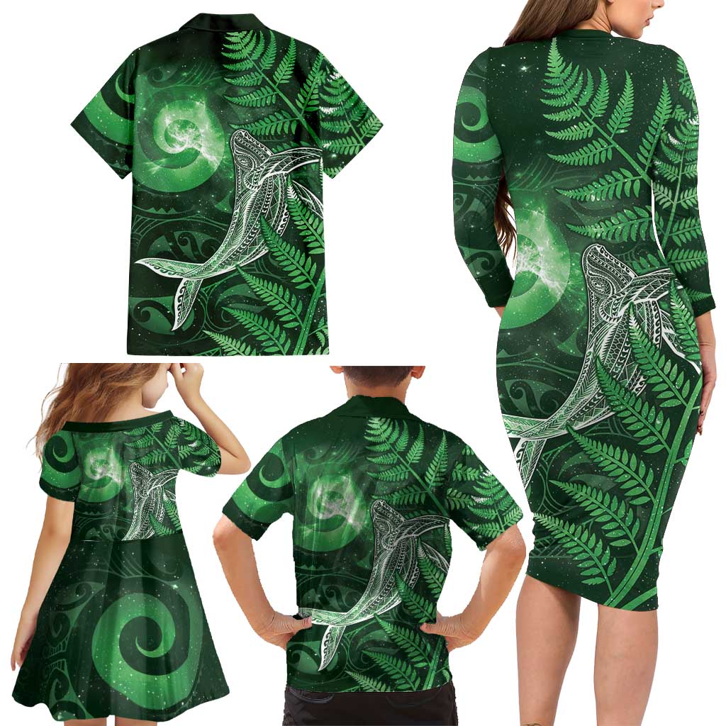 New Zealand Matariki Family Matching Long Sleeve Bodycon Dress and Hawaiian Shirt Maori Koru With Humpback Whale Green