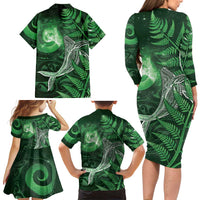New Zealand Matariki Family Matching Long Sleeve Bodycon Dress and Hawaiian Shirt Maori Koru With Humpback Whale Green