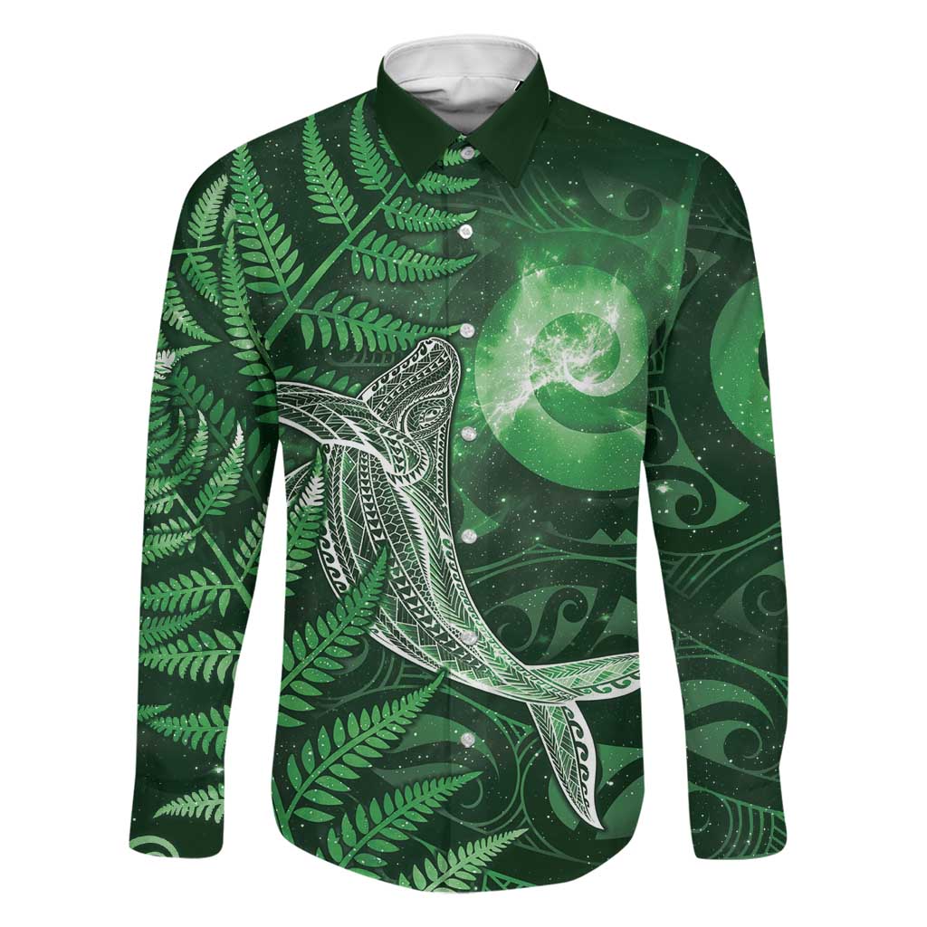 New Zealand Matariki Family Matching Long Sleeve Bodycon Dress and Hawaiian Shirt Maori Koru With Humpback Whale Green