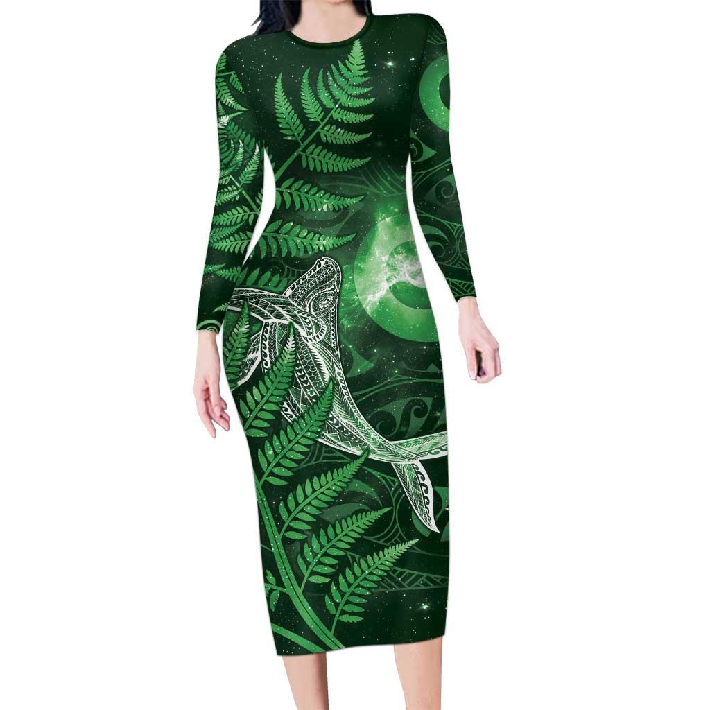 New Zealand Matariki Family Matching Long Sleeve Bodycon Dress and Hawaiian Shirt Maori Koru With Humpback Whale Green