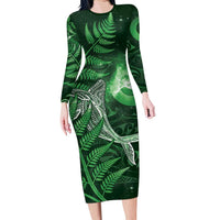 New Zealand Matariki Family Matching Long Sleeve Bodycon Dress and Hawaiian Shirt Maori Koru With Humpback Whale Green