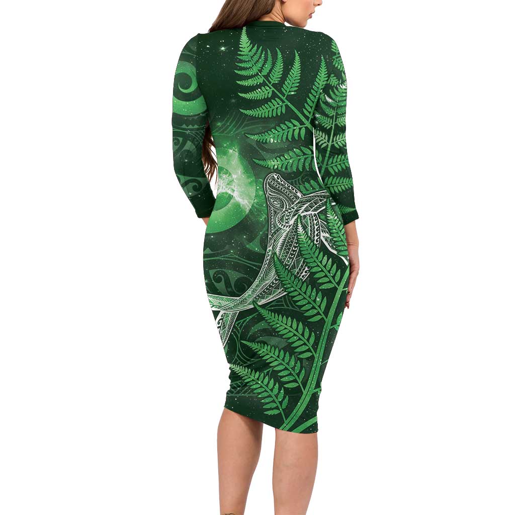 New Zealand Matariki Family Matching Long Sleeve Bodycon Dress and Hawaiian Shirt Maori Koru With Humpback Whale Green