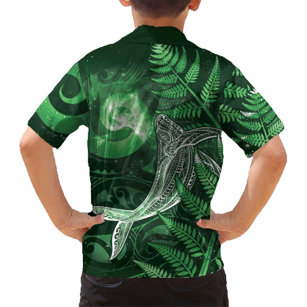 New Zealand Matariki Family Matching Off Shoulder Short Dress and Hawaiian Shirt Maori Koru With Humpback Whale Green