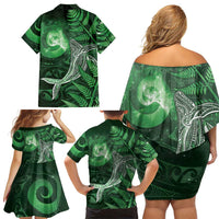 New Zealand Matariki Family Matching Off Shoulder Short Dress and Hawaiian Shirt Maori Koru With Humpback Whale Green