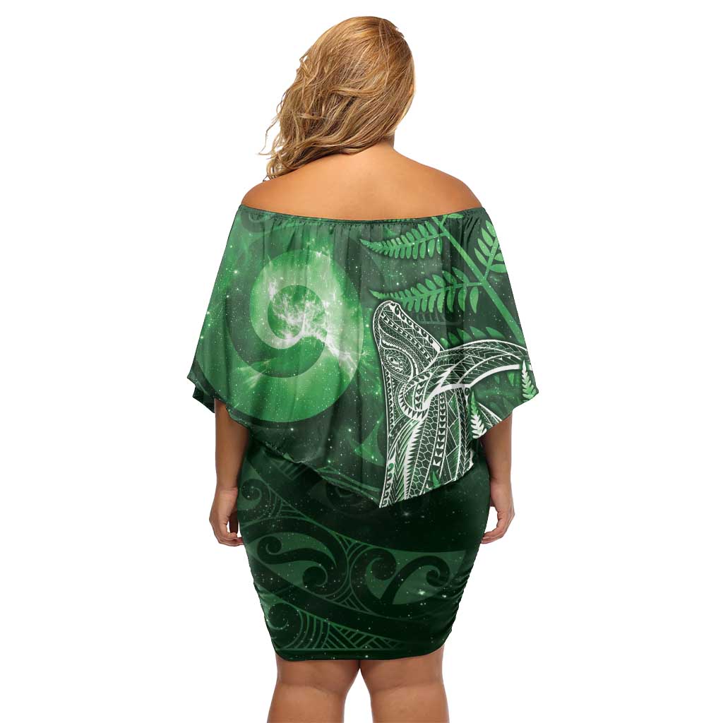 New Zealand Matariki Family Matching Off Shoulder Short Dress and Hawaiian Shirt Maori Koru With Humpback Whale Green