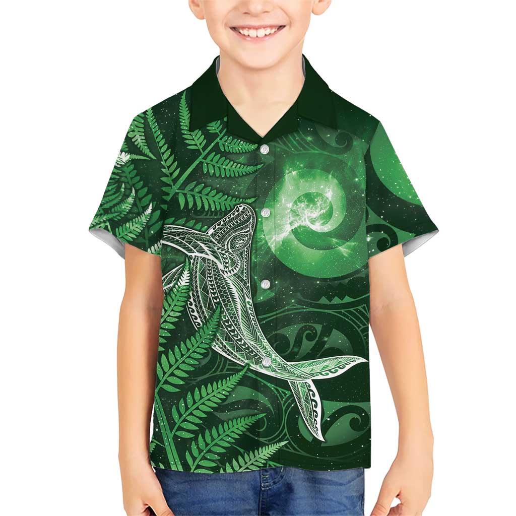 New Zealand Matariki Family Matching Off Shoulder Short Dress and Hawaiian Shirt Maori Koru With Humpback Whale Green