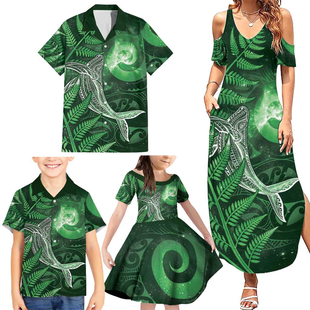 New Zealand Matariki Family Matching Summer Maxi Dress and Hawaiian Shirt Maori Koru With Humpback Whale Green LT05 - Polynesian Pride