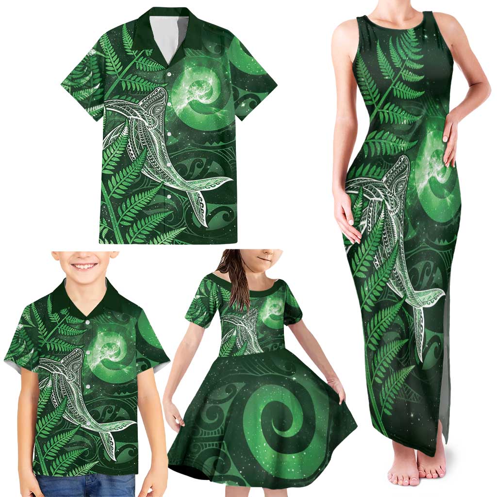 New Zealand Matariki Family Matching Tank Maxi Dress and Hawaiian Shirt Maori Koru With Humpback Whale Green LT05 - Polynesian Pride