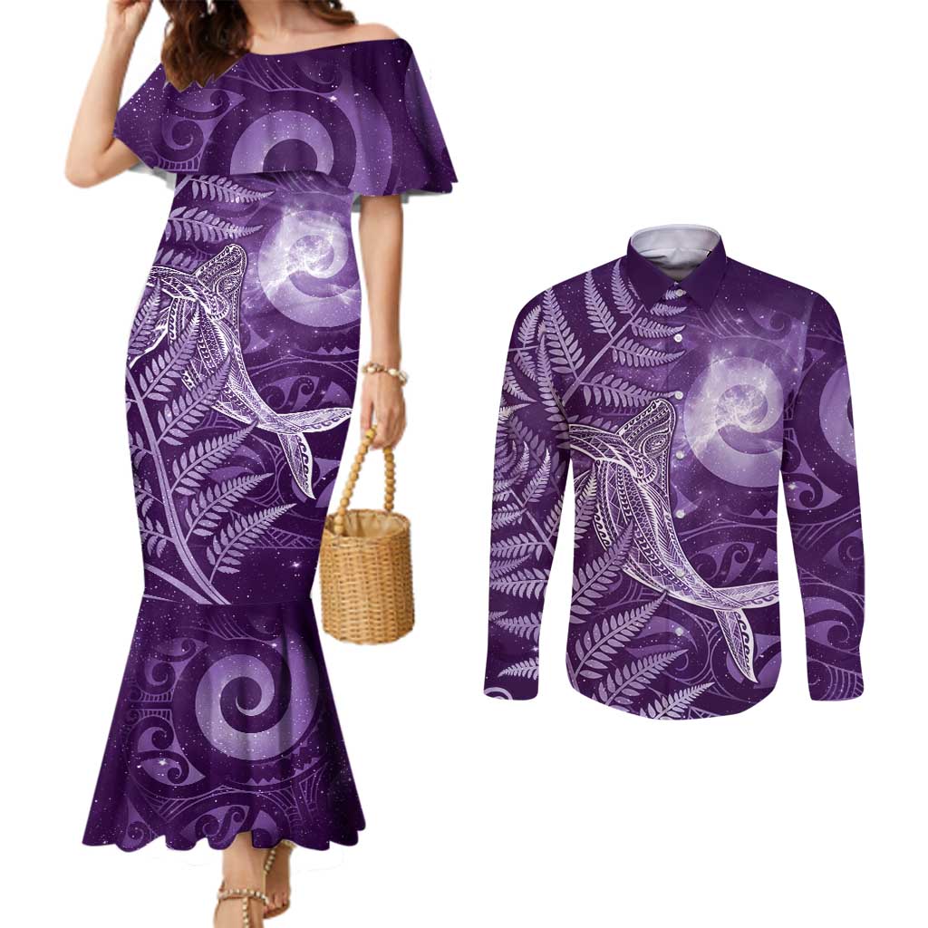 New Zealand Matariki Couples Matching Mermaid Dress and Long Sleeve Button Shirt Maori Koru With Humpback Whale Purple