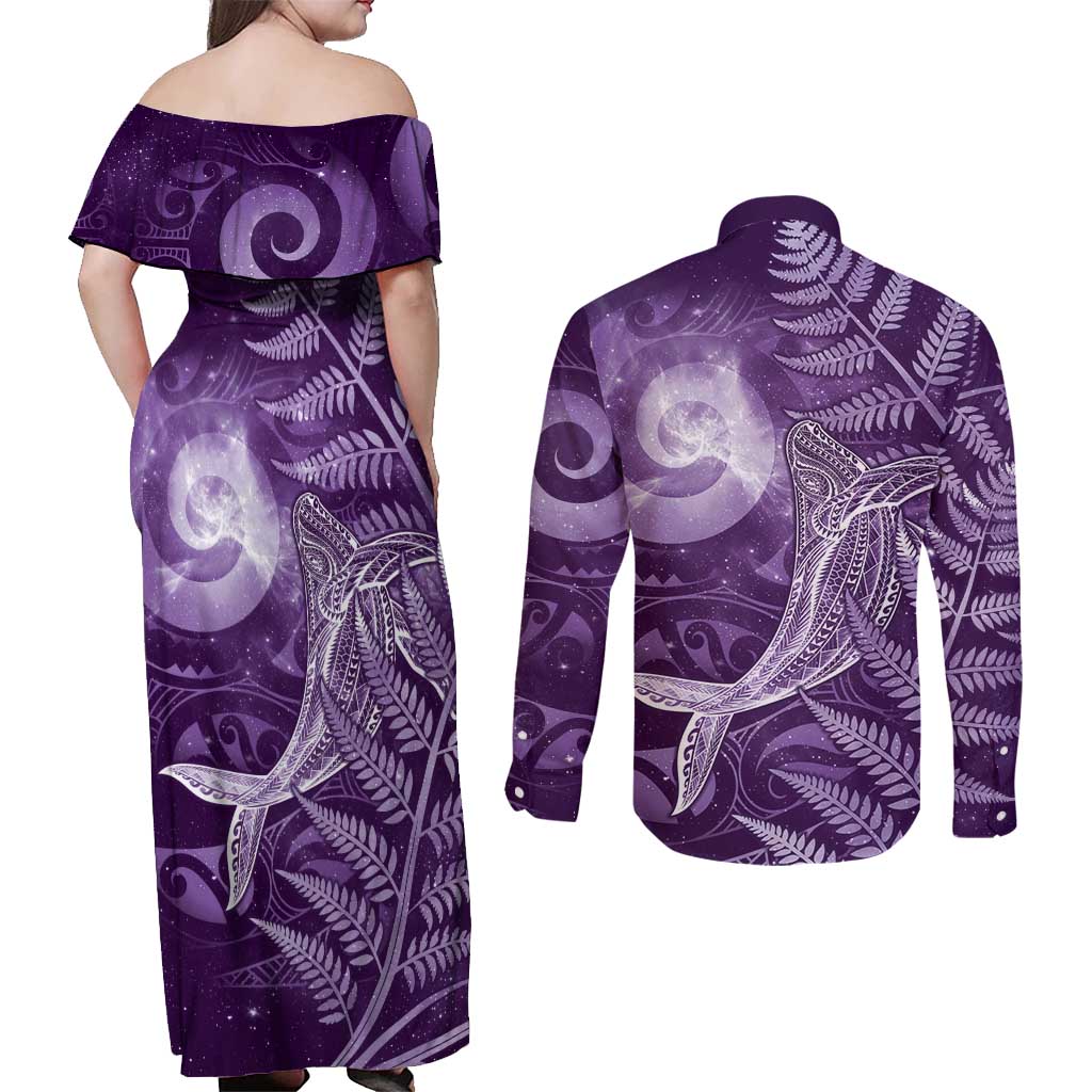 New Zealand Matariki Couples Matching Off Shoulder Maxi Dress and Long Sleeve Button Shirt Maori Koru With Humpback Whale Purple