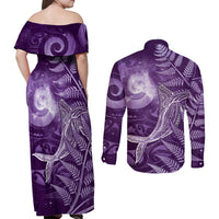 New Zealand Matariki Couples Matching Off Shoulder Maxi Dress and Long Sleeve Button Shirt Maori Koru With Humpback Whale Purple