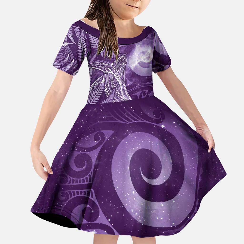 New Zealand Matariki Family Matching Short Sleeve Bodycon Dress and Hawaiian Shirt Maori Koru With Humpback Whale Purple LT05 Daughter's Dress Purple - Polynesian Pride