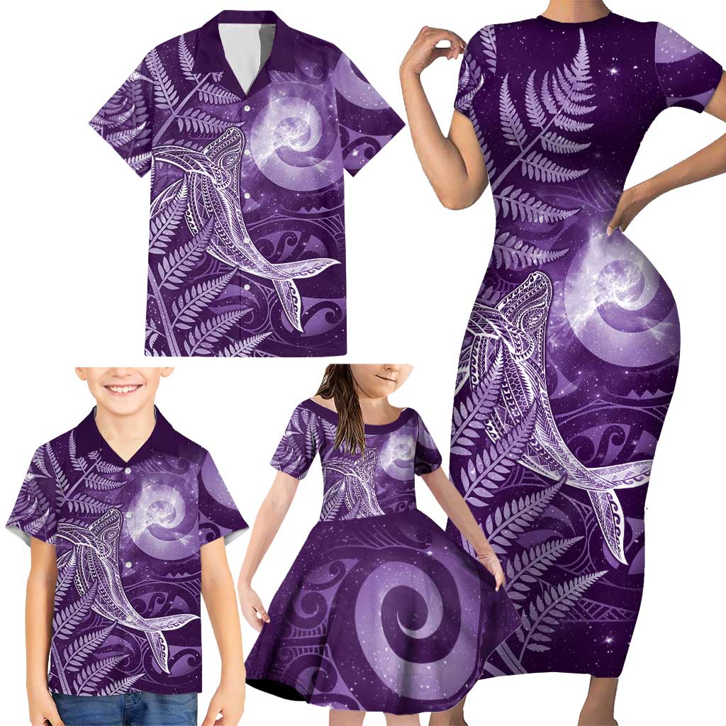 New Zealand Matariki Family Matching Short Sleeve Bodycon Dress and Hawaiian Shirt Maori Koru With Humpback Whale Purple LT05 - Polynesian Pride