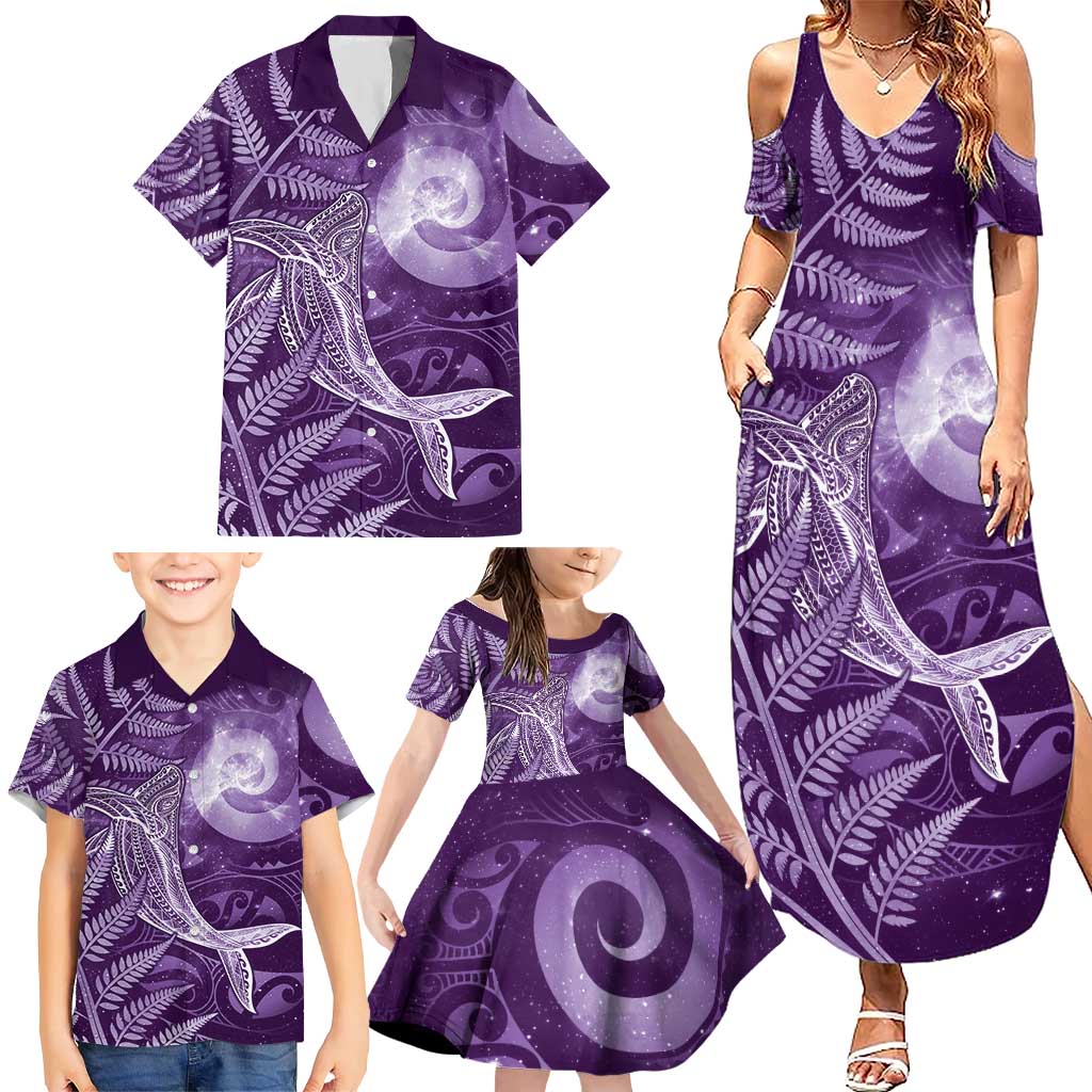 New Zealand Matariki Family Matching Summer Maxi Dress and Hawaiian Shirt Maori Koru With Humpback Whale Purple LT05 - Polynesian Pride