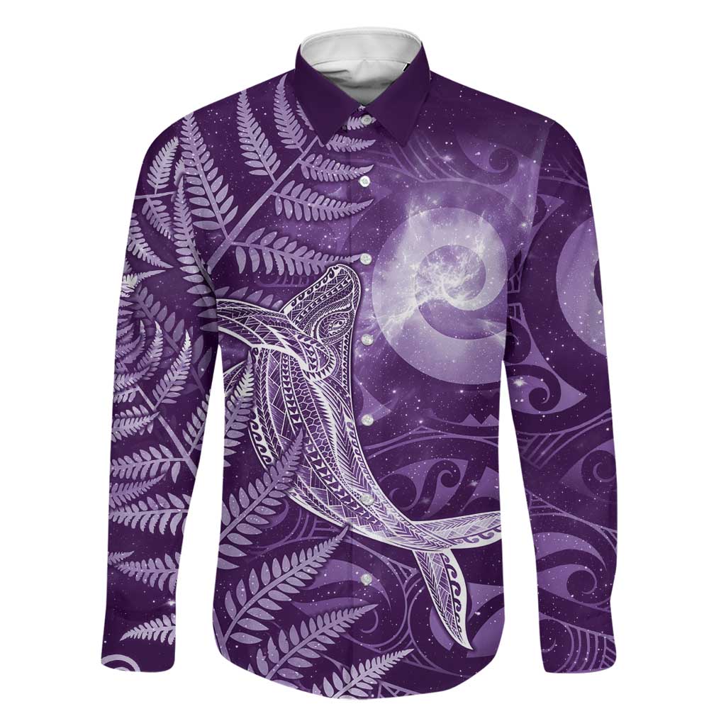 New Zealand Matariki Family Matching Summer Maxi Dress and Hawaiian Shirt Maori Koru With Humpback Whale Purple LT05 Dad's Shirt - Long Sleeve Purple - Polynesian Pride