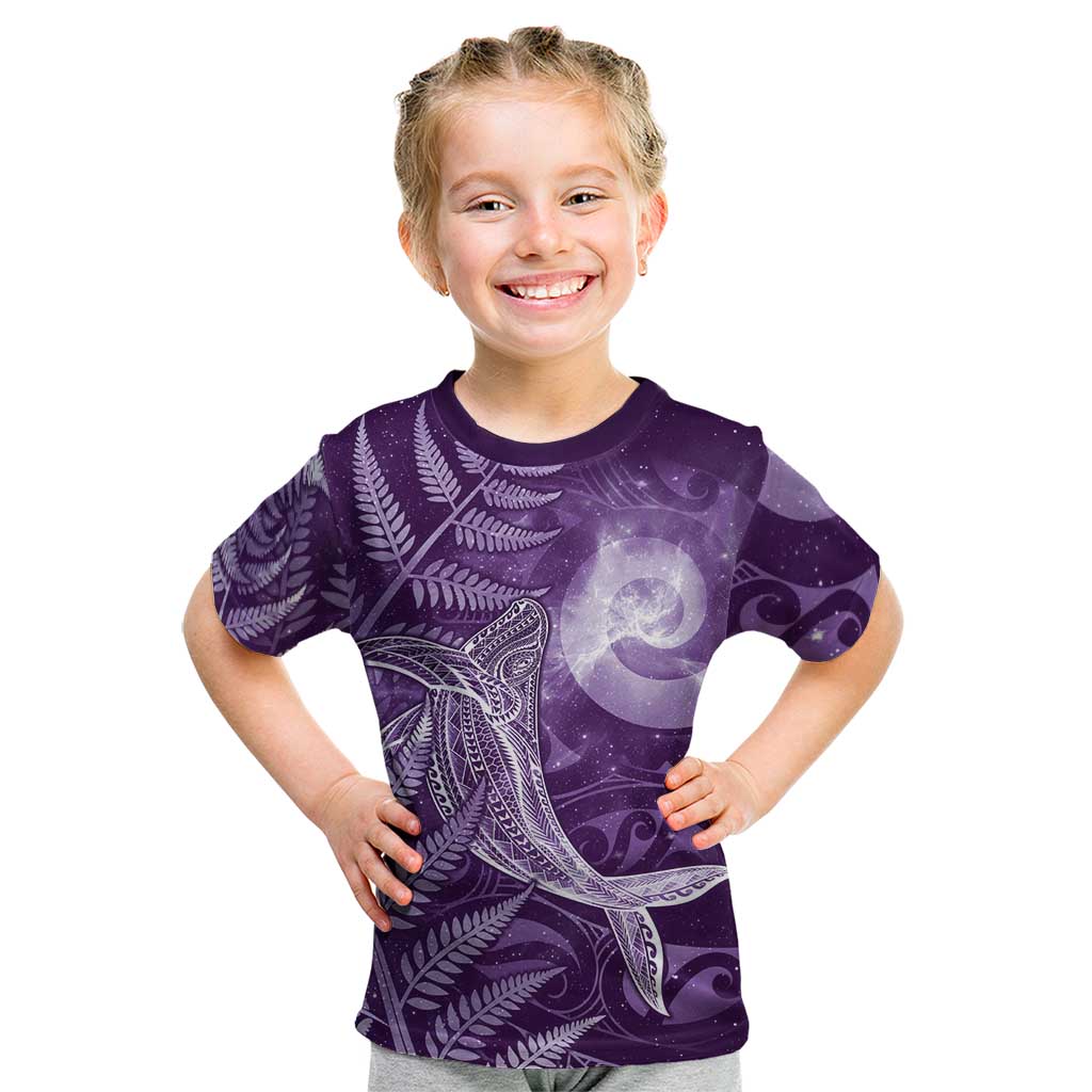 New Zealand Matariki Kid T Shirt Maori Koru With Humpback Whale Purple