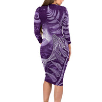 New Zealand Matariki Long Sleeve Bodycon Dress Maori Koru With Humpback Whale Purple