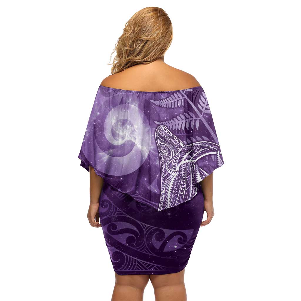 New Zealand Matariki Off Shoulder Short Dress Maori Koru With Humpback Whale Purple LT05 - Polynesian Pride