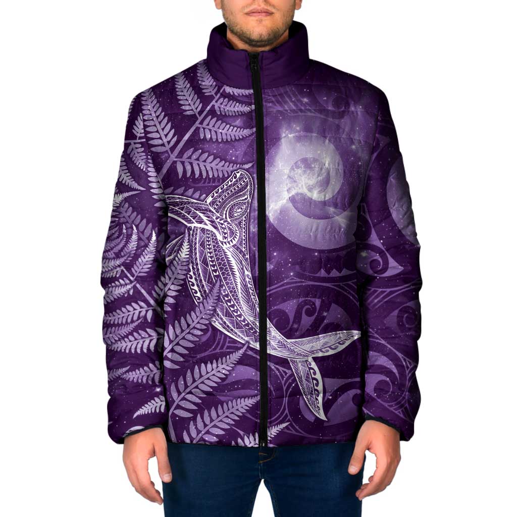 New Zealand Matariki Padded Jacket Maori Koru With Humpback Whale Purple
